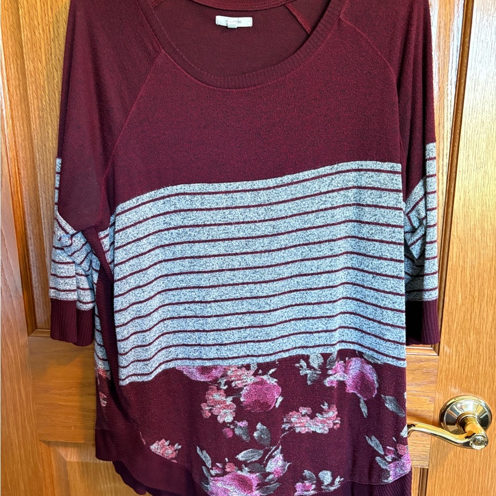 Maurices Burgundy and Gray Floral Striped Top